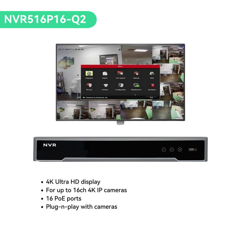 (NVR516P16-Q2) 16 Channel PoE NVR, 4K resolution, max 2 HDD, 1U case