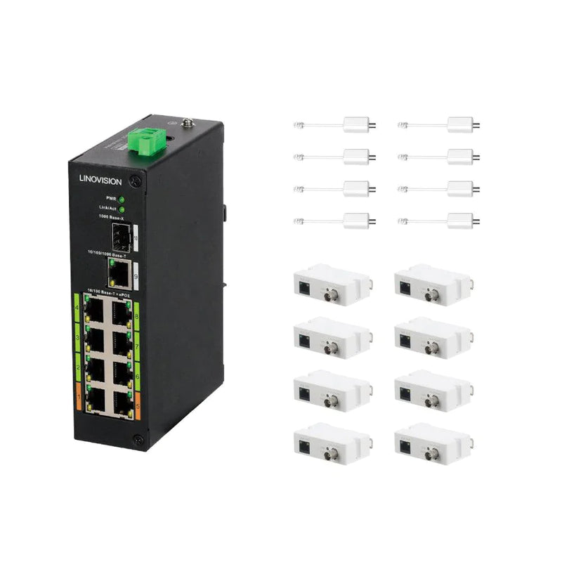 8 Port Industrial Unmanaged POE & EOC Hybrid ePOE Switch with Ethernet Over Coax Technology Supports POE Over Coax Transmission Comes with 8 EOC Adapters and EOC Transmitters