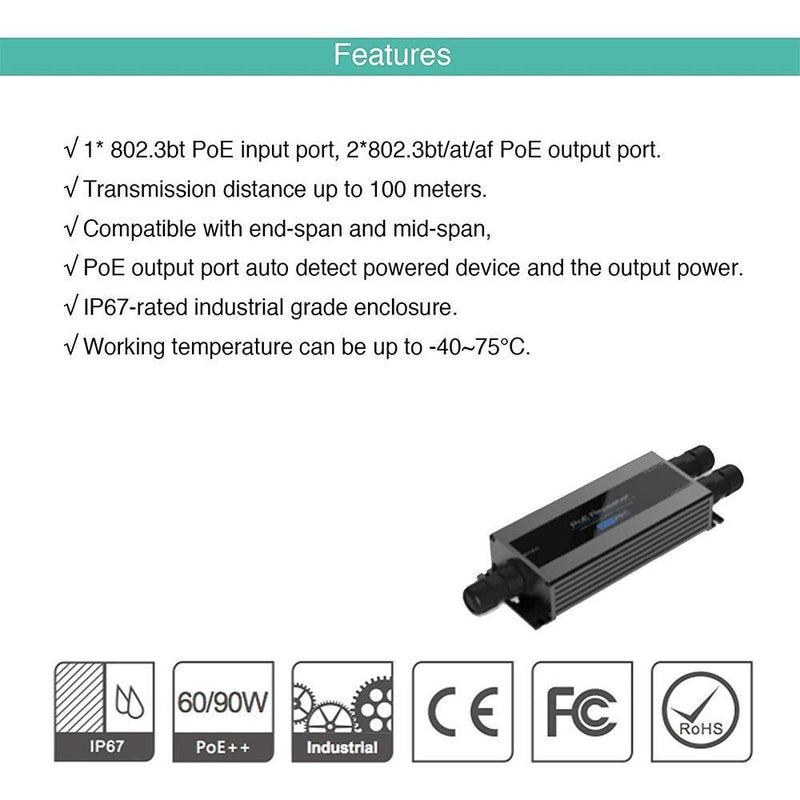 Gigabit 2 Port POE Extender Outdoor Industrial POE Repeater, PoE Amplifier, PoE Booster 1 in 2 Out